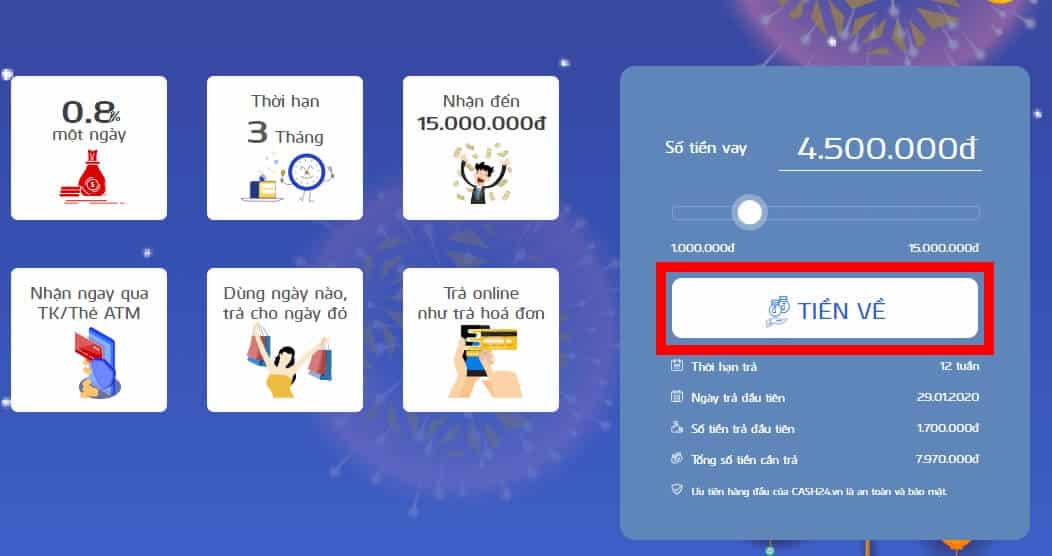 chọn số tiền cần vay tại Cash 24