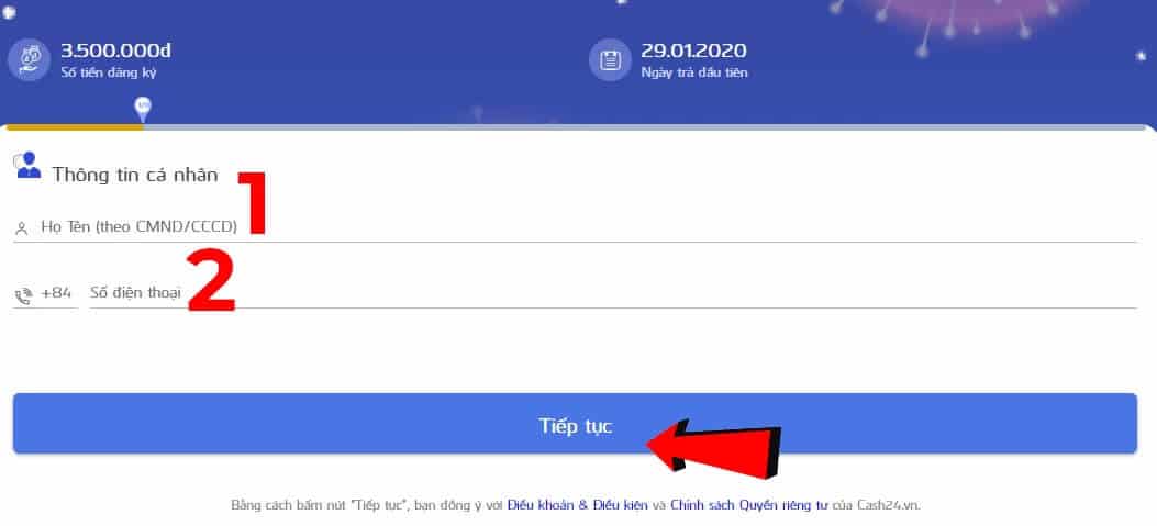 điền thông tin cá nhân để vay tại Cash24