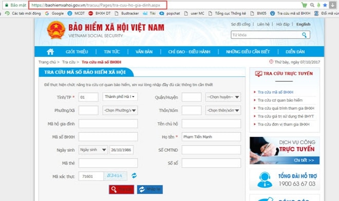 Tra cứu mã số BHXH online trên cổng thông tin điện tử của bảo hiểm xã hội Việt Nam